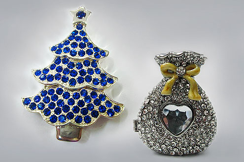 Ювелирные подарочные USB флешки в виде новогодней елки и мешка с подарками